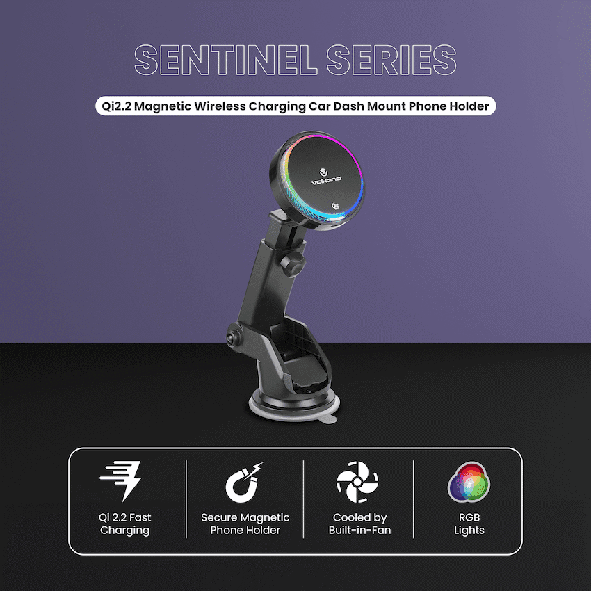 Volkano Sentinel Series Qi2.2 Magnetic Wireless Charging Car Dash Mount Phone Holder - Black 3