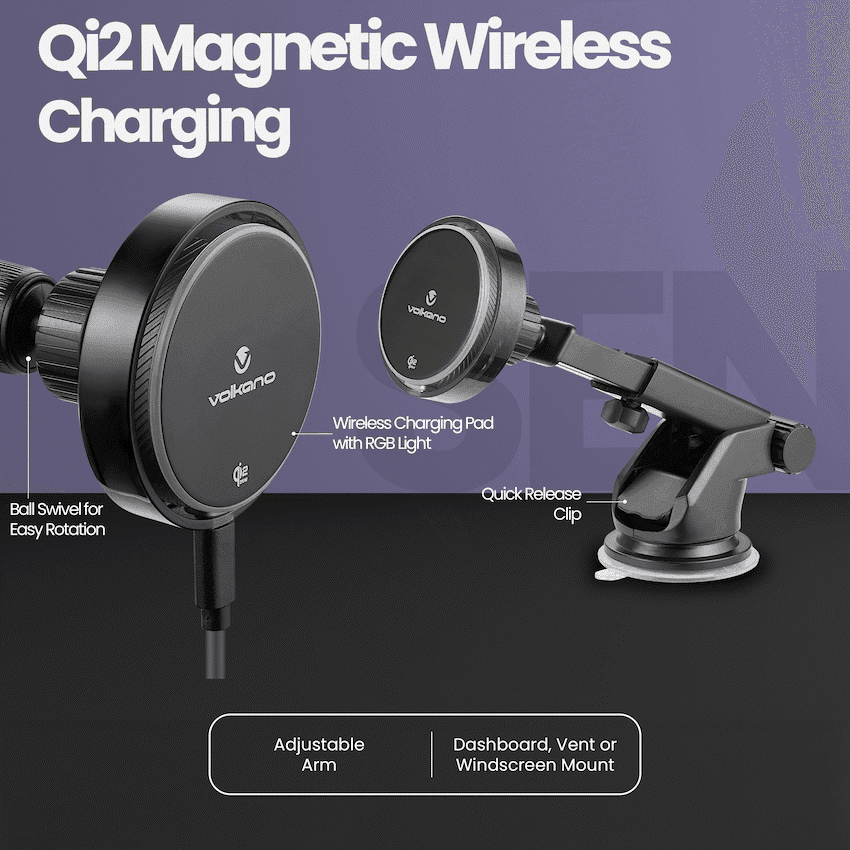 Volkano Sentinel Series Qi2.2 Magnetic Wireless Charging Car Dash Mount Phone Holder - Black 6