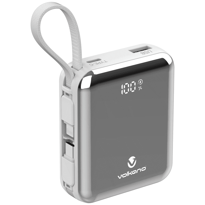 Volkano Solace Series 10 000 mAh Power Bank with Built-in USB-C & Lightning Cable - White & Silver 2