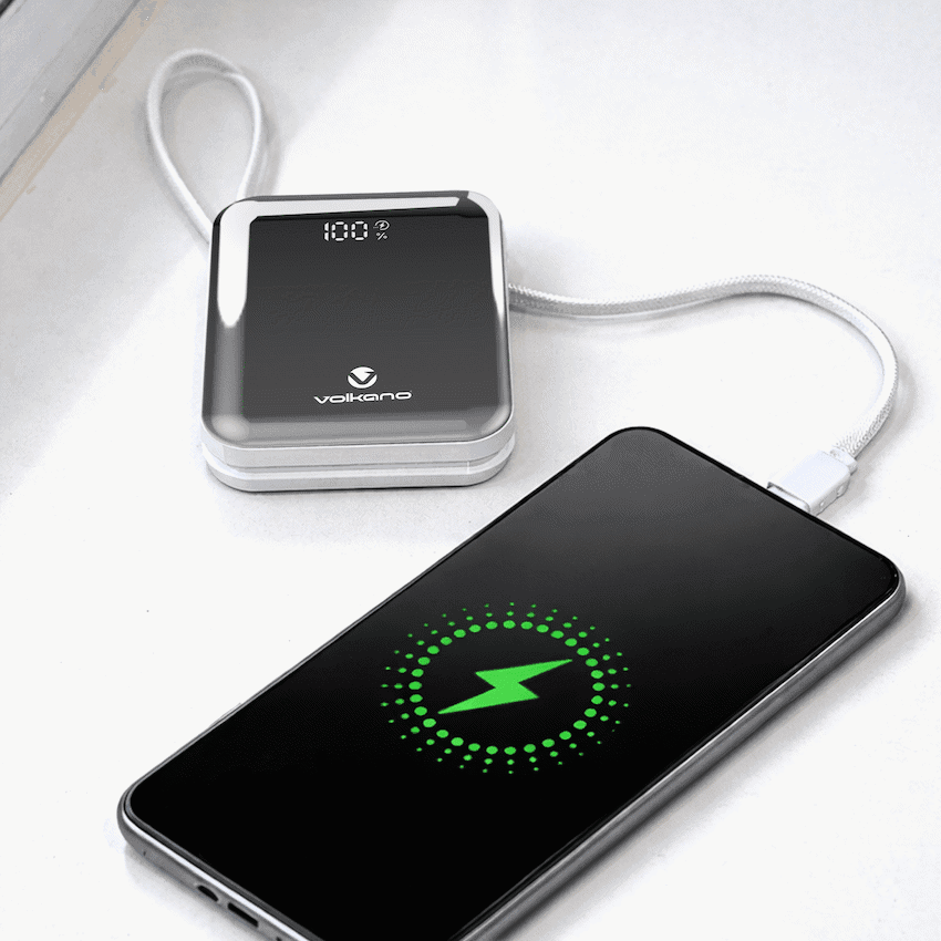 Volkano Solace Series 10 000 mAh Power Bank with Built-in USB-C & Lightning Cable - White & Silver 4