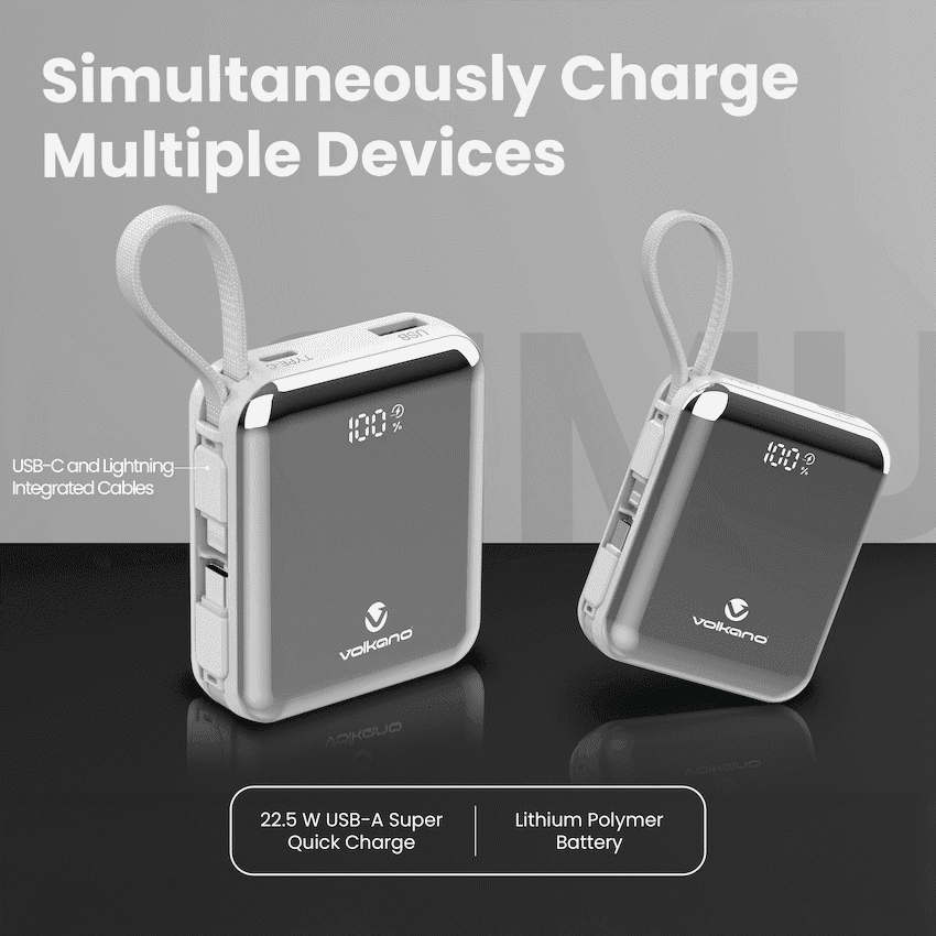 Volkano Solace Series 10 000 mAh Power Bank with Built-in USB-C & Lightning Cable - White & Silver 5