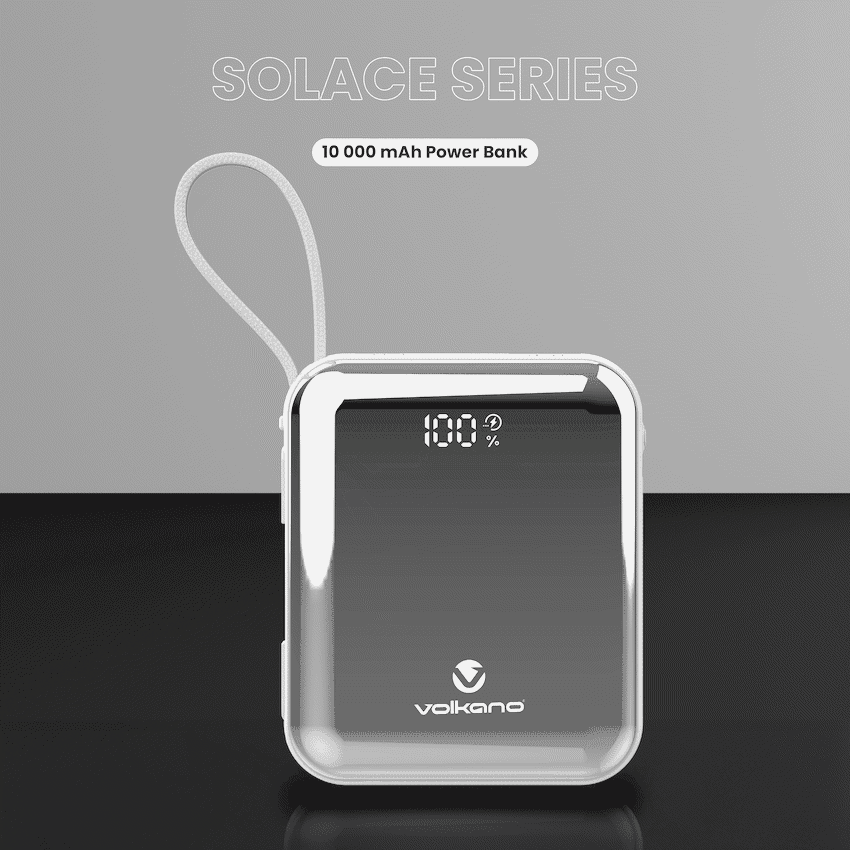 Volkano Solace Series 10 000 mAh Power Bank with Built-in USB-C & Lightning Cable - White & Silver 6