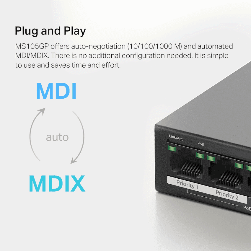 TP-Link Mercusys MS105GP 5-Port Gigabit Desktop Switch with 4-Port PoE+ 9