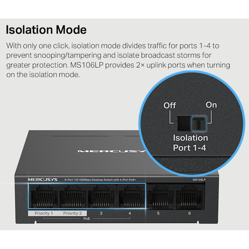 TP-Link Mercusys MS106LP 6-Port 10/100Mbps Desktop Switch with 4-Port PoE+ 7