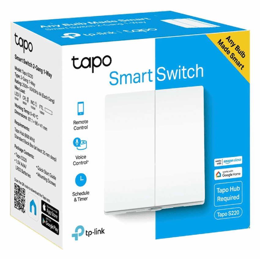 TP-Link Tapo S220 Smart 868mhz Light Switch 2-Gang 1-Way, No Neutral Required 3