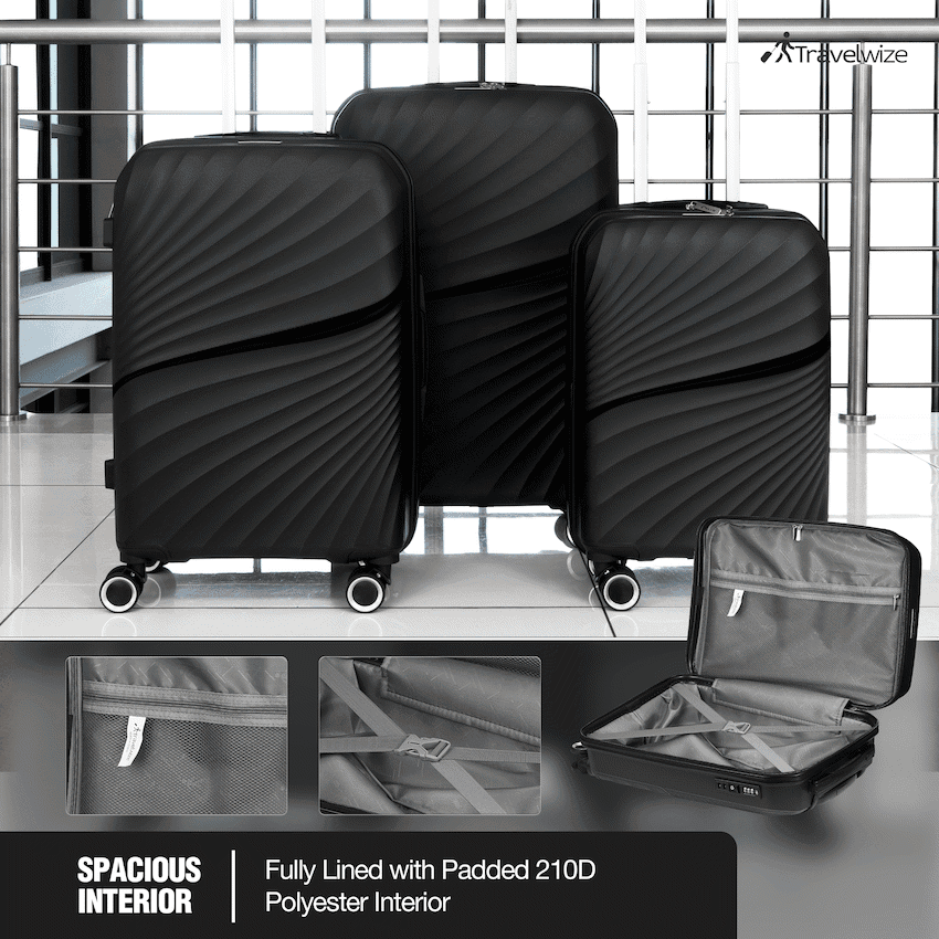 Travelwize Quartz PP 4-Wheels Spinner 3Pc Luggage Set Black 7