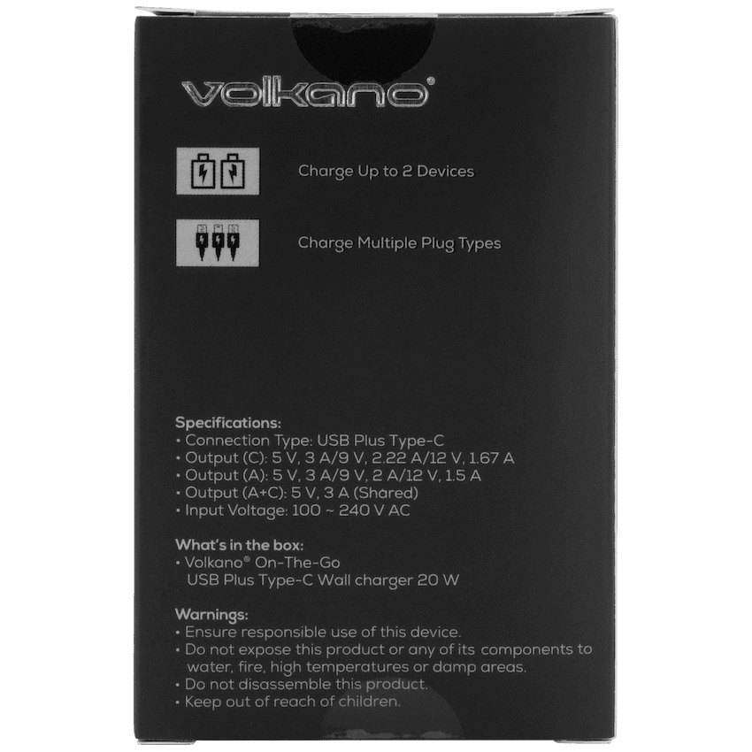 Volkano On-the-Go USB + Type-C 20w PD Wall Charger 3