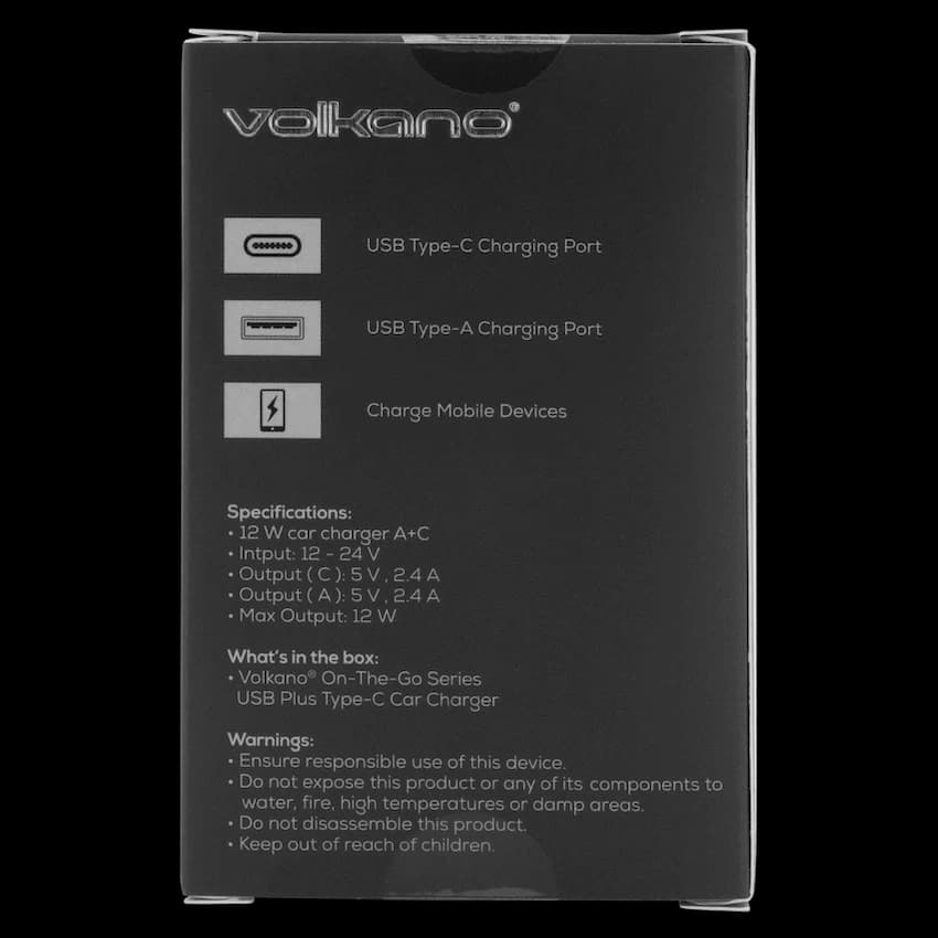 Volkano On-The-Go USB + Type-C 12w Car Charger - Black 8