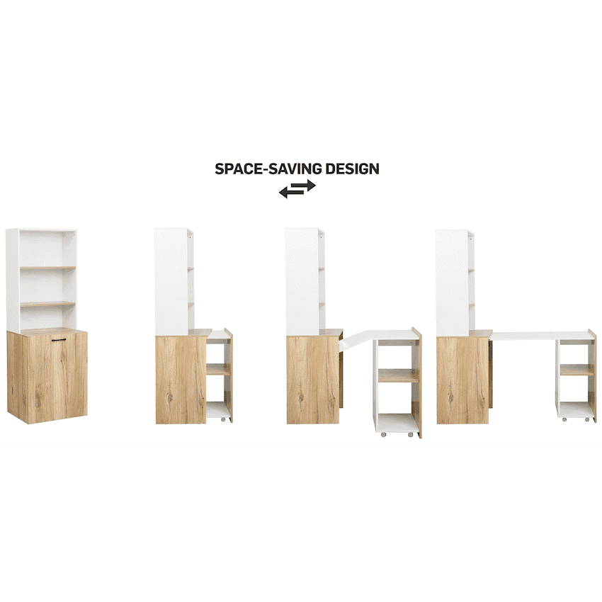 Everfurn Adaptive Desk with Bookshelf - White and Light Oak 2