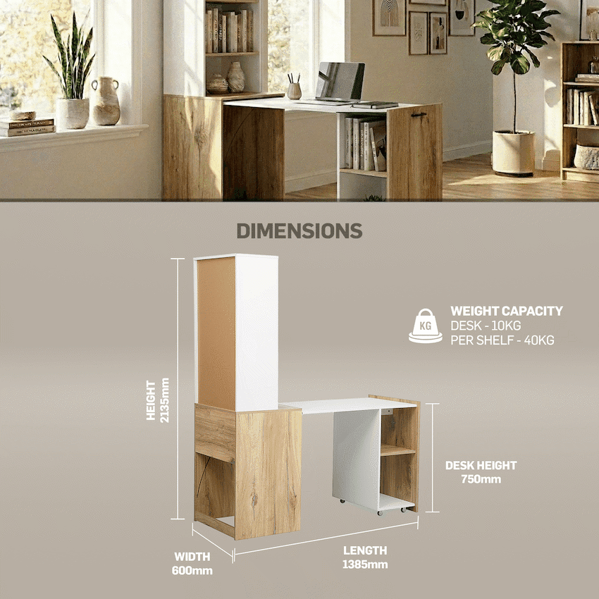 Everfurn Adaptive Desk with Bookshelf - White and Light Oak 4