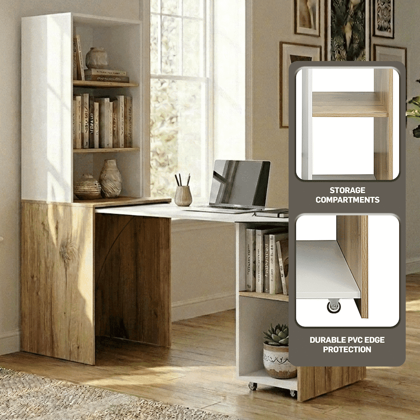 Everfurn Adaptive Desk with Bookshelf - White and Light Oak 5