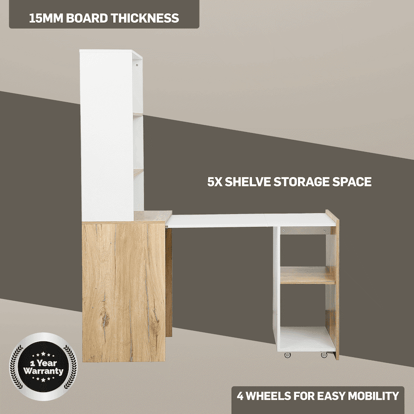 Everfurn Adaptive Desk with Bookshelf - White and Light Oak 6