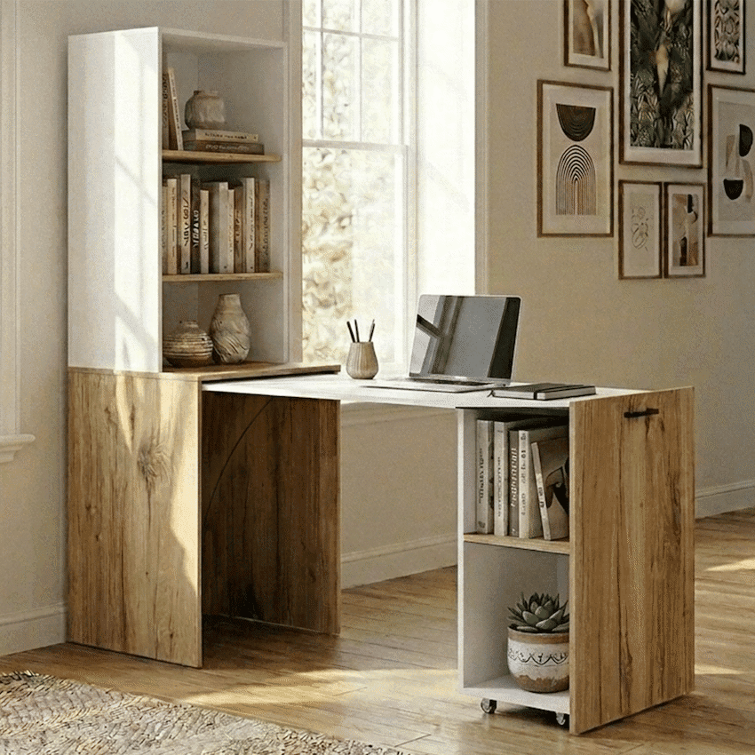Everfurn Adaptive Desk with Bookshelf - White and Light Oak 7