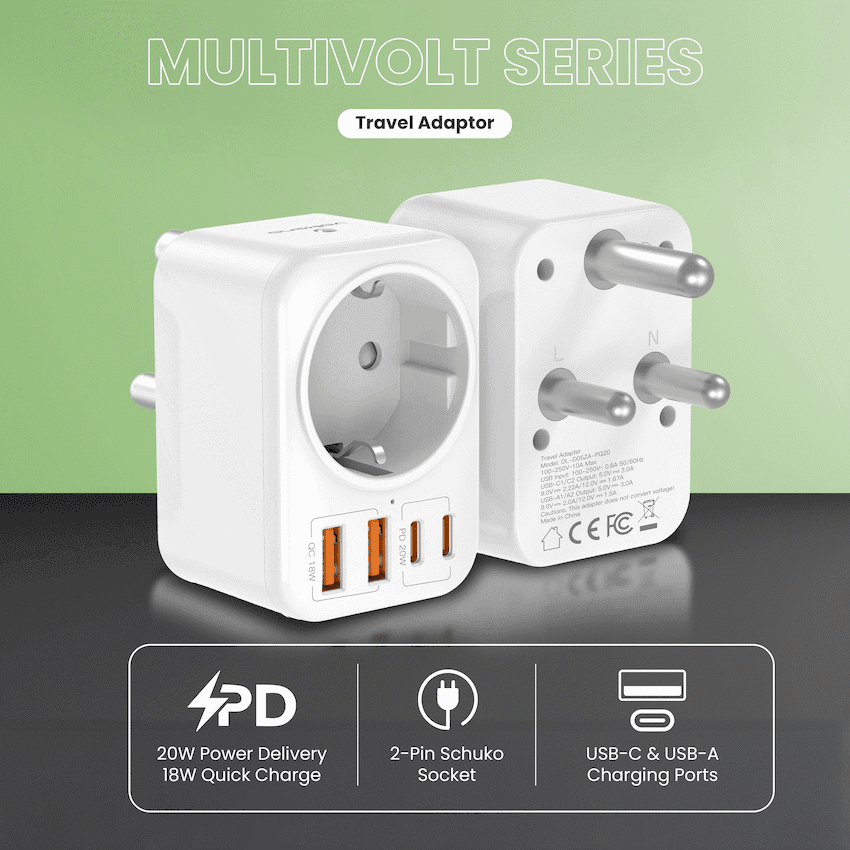 Volkano MultiVolt Series 2x USB-A + 2x USB-C adaptor SA Plug to multi travel socket 20Watt 3