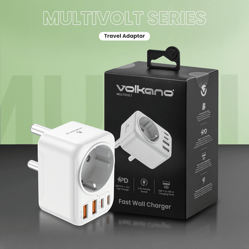 Volkano MultiVolt Series 2x USB-A + 2x USB-C adaptor SA Plug to multi travel socket 20Watt 6