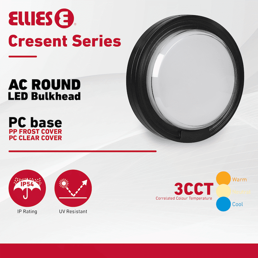 Ellies Cresent Series AC 24W Round LED Bulkhead - PC 7