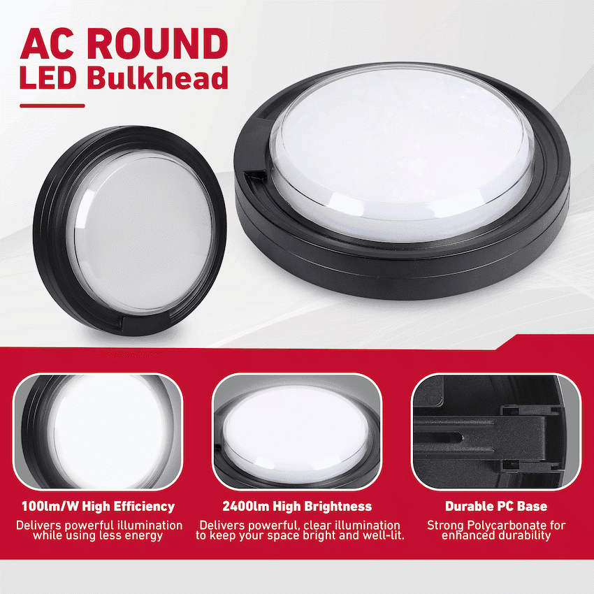 Ellies Cresent Series AC 24W Round LED Bulkhead - PC 10