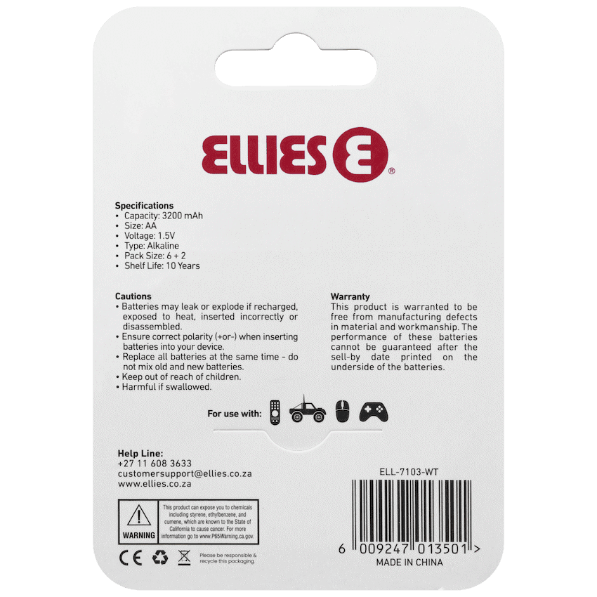 Ellies Ultra Series - Alkaline Batteries AA 6 + 2 Pack -WT 3