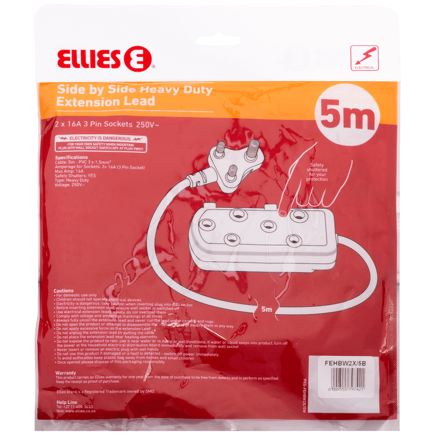 Ellies Side by Side Heavy Duty Extension Lead-5M-BK 5