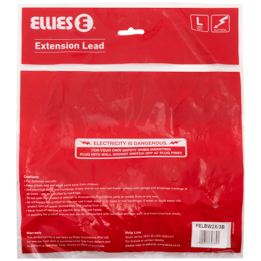 Ellies Side-by-Side Light-Duty Extension Lead - 3m - Black 5
