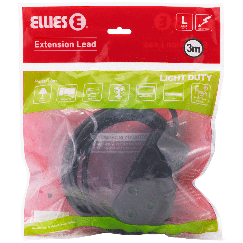 Ellies Side-by-Side Light-Duty Extension Lead - 3m - Black 9