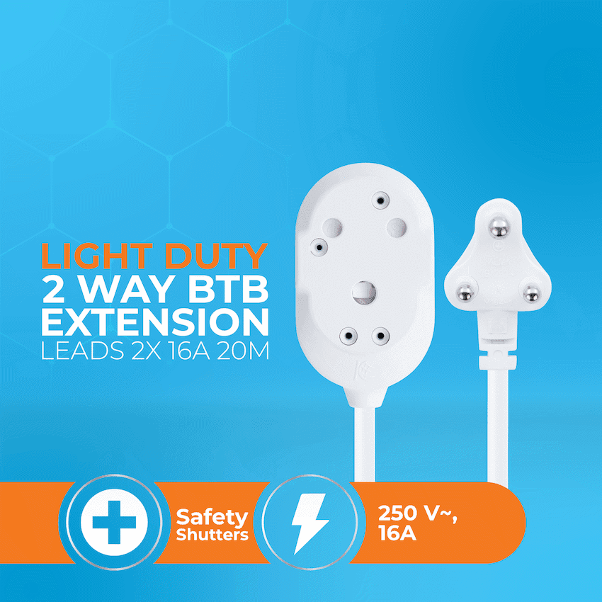 SWITCHED LIGHT DUTY Back-to-Back (BTB) EXTENSION LEADS 20M 5