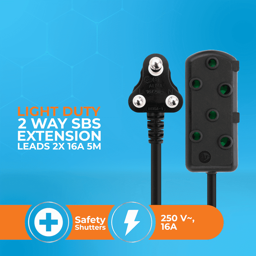 Switched Light Duty Side by Side (SBS) Extension Leads 5m 3
