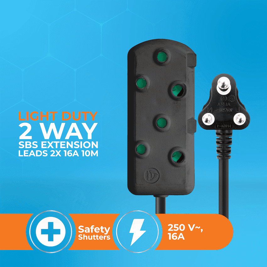 SWITCHED Light DUTY Side by Side (SBS) EXTENSION LEADS 10M 9