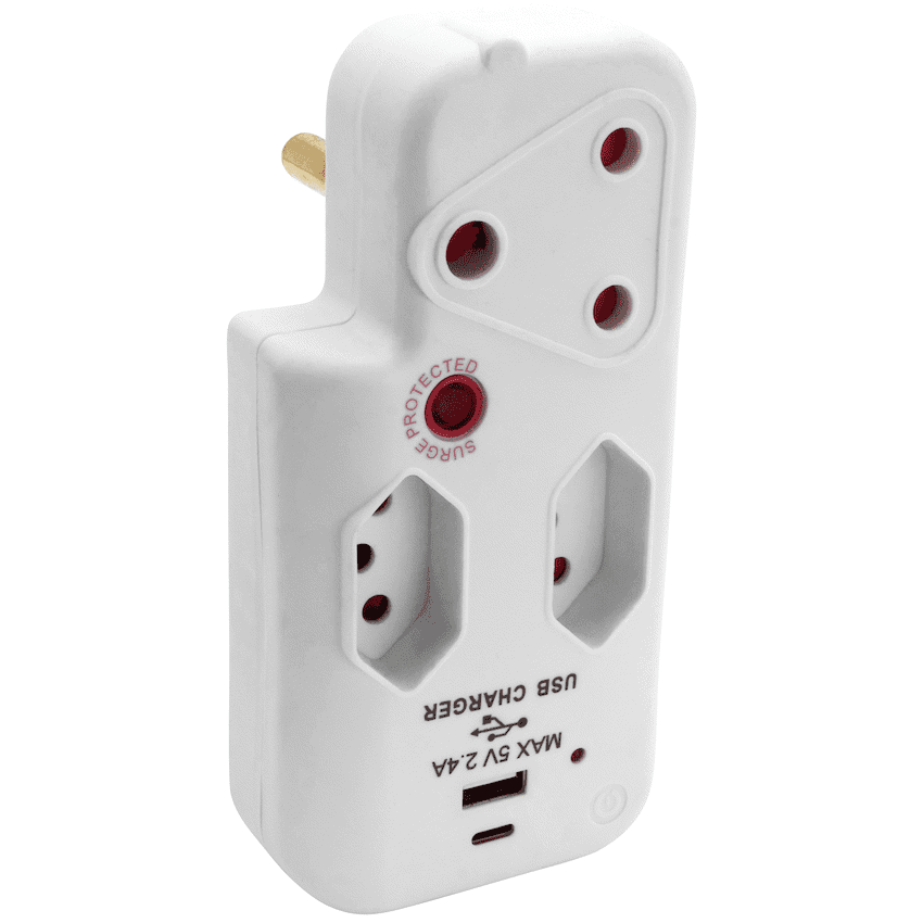 Switched 3-Way Medium Surge Adaptor with Type-C + USB - White 2