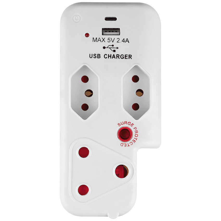 Switched 3-Way Medium Surge Adaptor with Type-C + USB - White 3