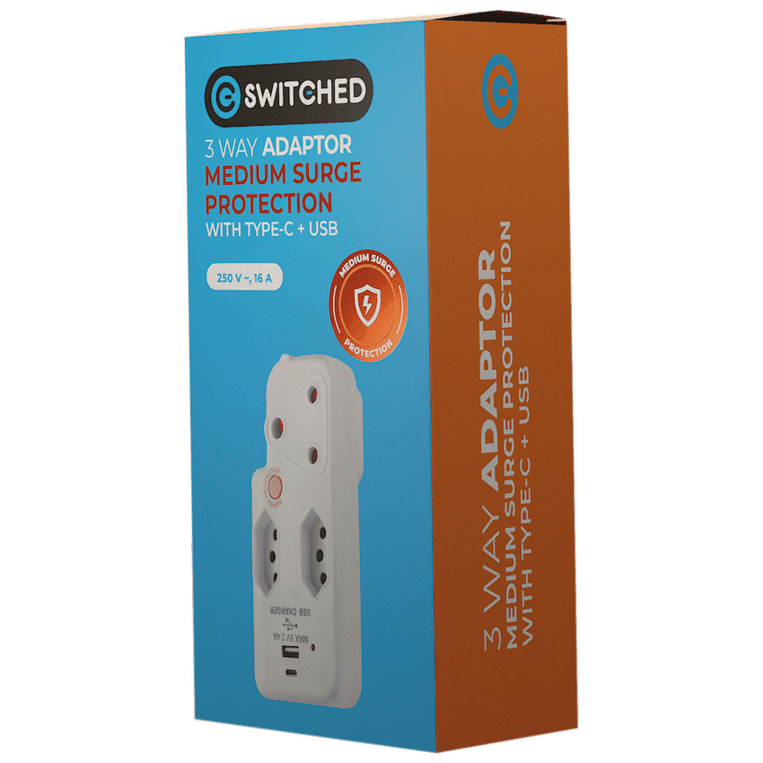 Switched 3-Way Medium Surge Adaptor with Type-C + USB - White 4