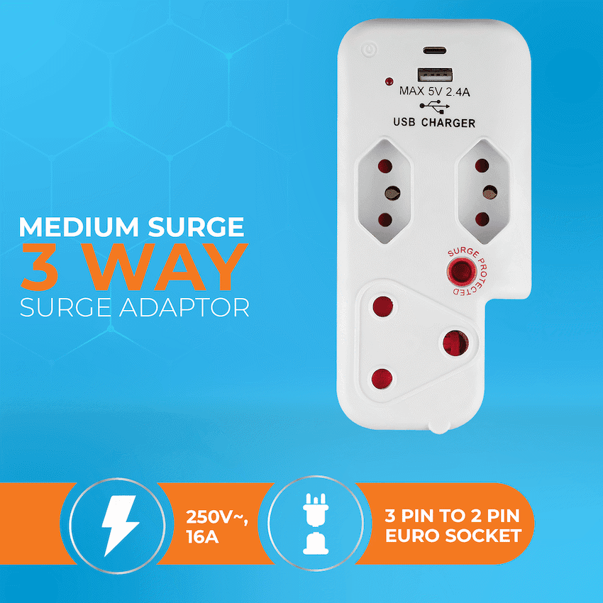 Switched 3-Way Medium Surge Adaptor with Type-C + USB - White 5