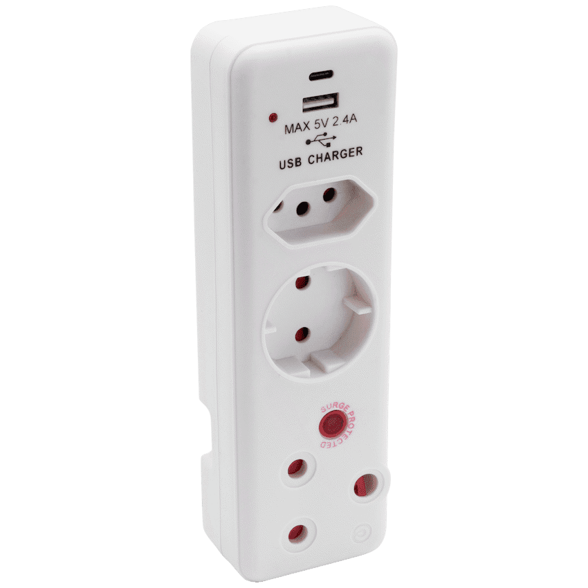 Switched 3-Way Medium Surge Adaptor - Schuko with Type-C + USB 2