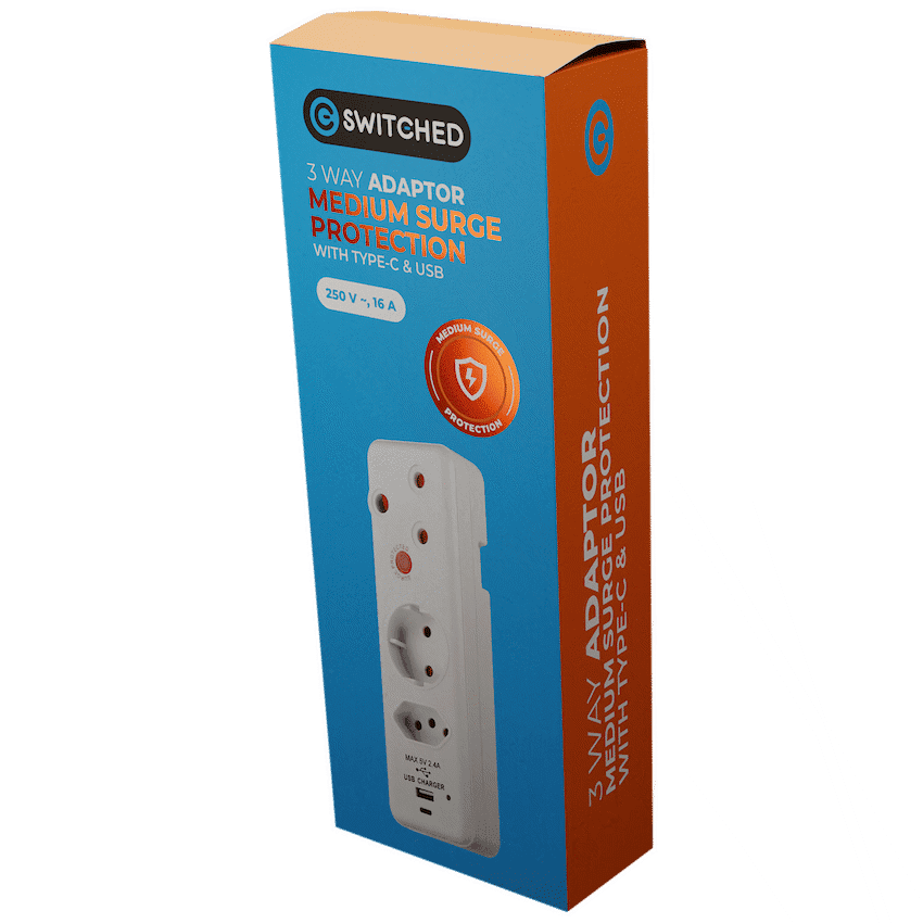 Switched 3-Way Medium Surge Adaptor - Schuko with Type-C + USB 5