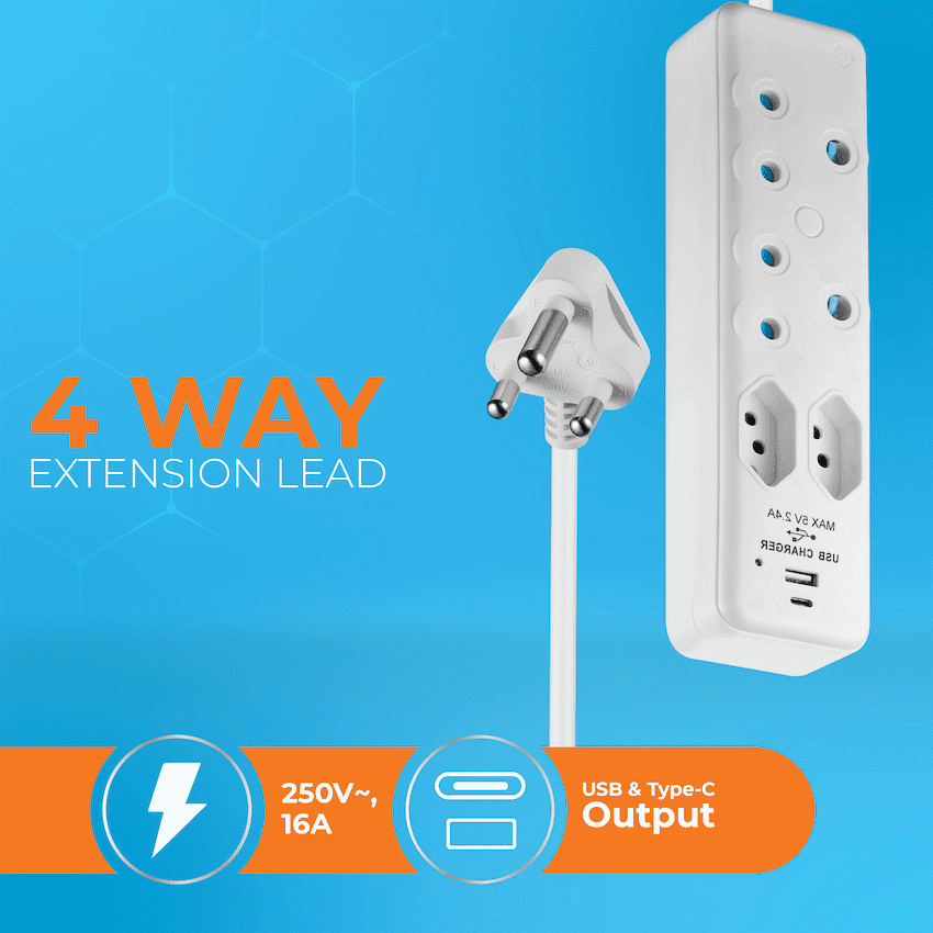 Switched 4-Way Extension Lead with 1x Type-C + 1x USB - 4m 5