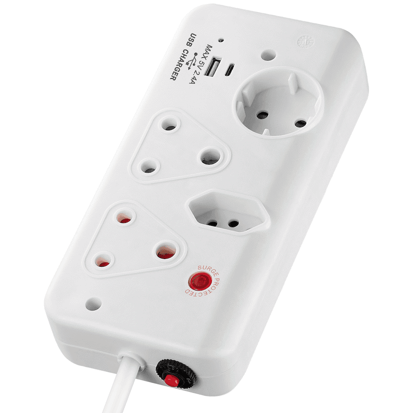Switched 4-Way with 1x Type-C + 1x USB 2.4a Socket Medium Surge-Protected 0.5m 2
