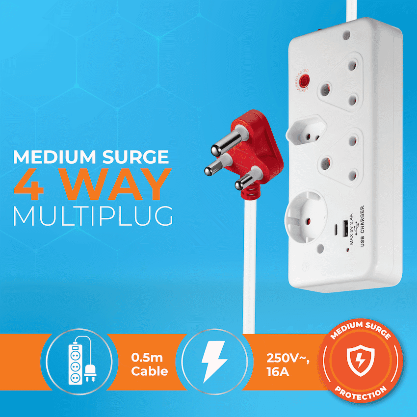 Switched 4-Way with 1x Type-C + 1x USB 2.4a Socket Medium Surge-Protected 0.5m 4