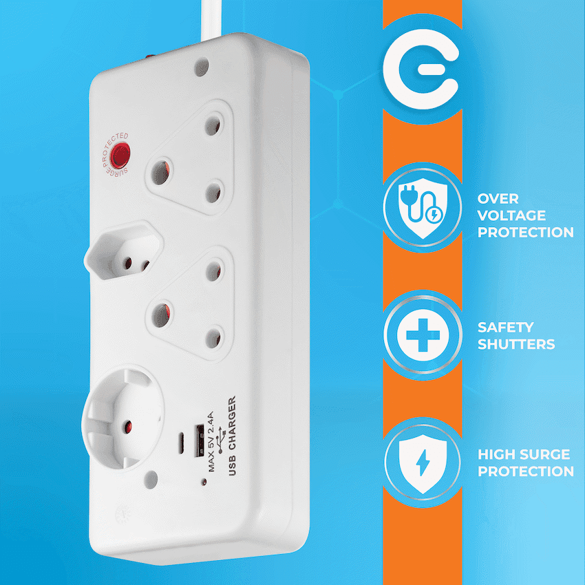 Switched 4-Way with 1x Type-C + 1x USB 2.4a Socket Medium Surge-Protected 0.5m 6
