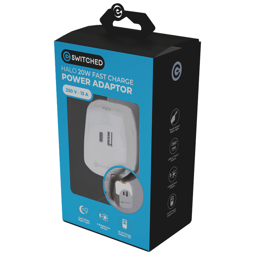 Switched Halo Fast Charge Power Adaptor, USB and Type-C Ports, Output 20w - Soft Touch Night Light 4