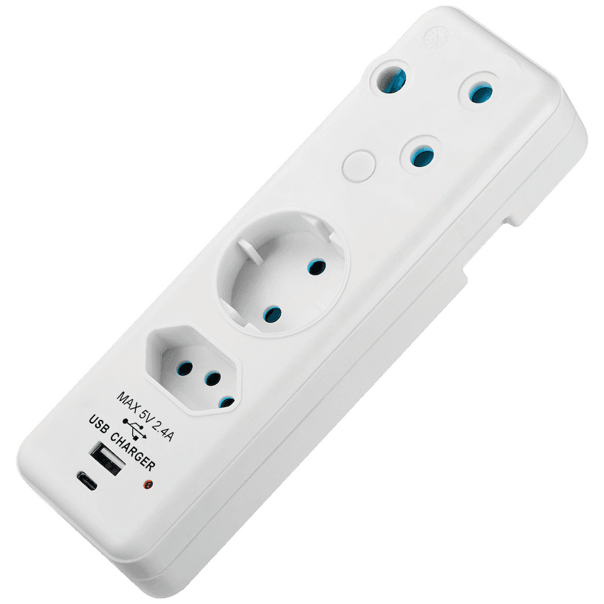 Ellies 3-Way Schuko Adaptor with Type-C + USB - White