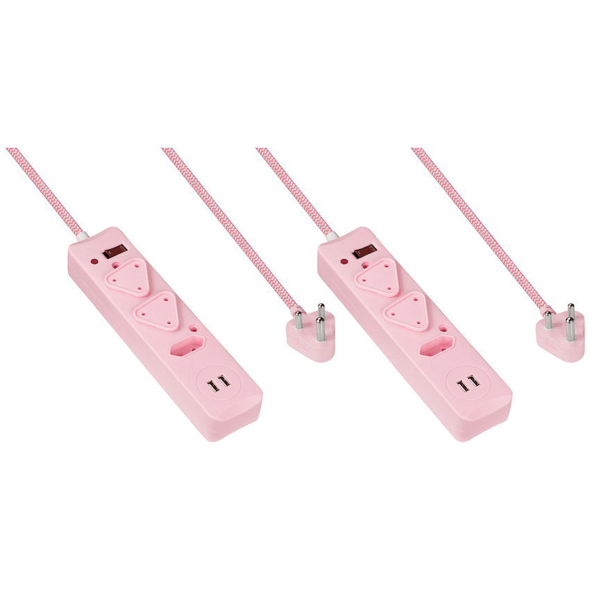 2x 3 Way Surge Multiplug with Dual USBs Pink-3M