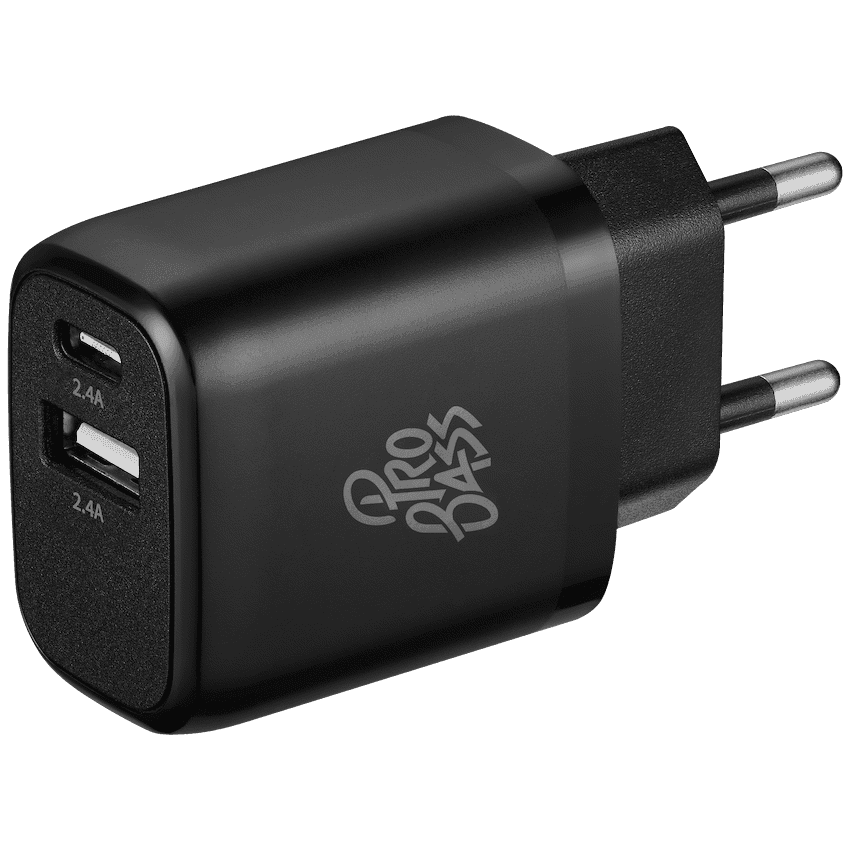 Pro Bass PowerCharge Series 12w Dual USB and Type-C Wall Charger - Black