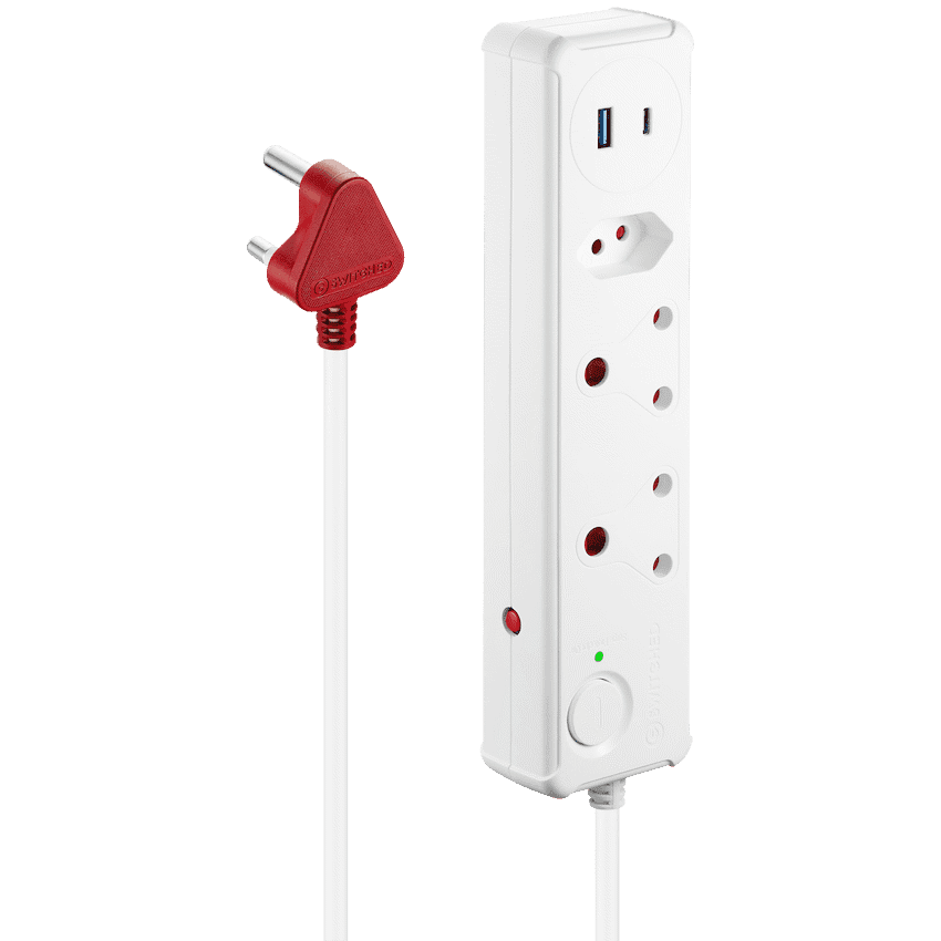 Switched 3-Way Medium Surge-Protected Multiplug with 1x Type-C + 3.4a USB Ports - 0.5m - White