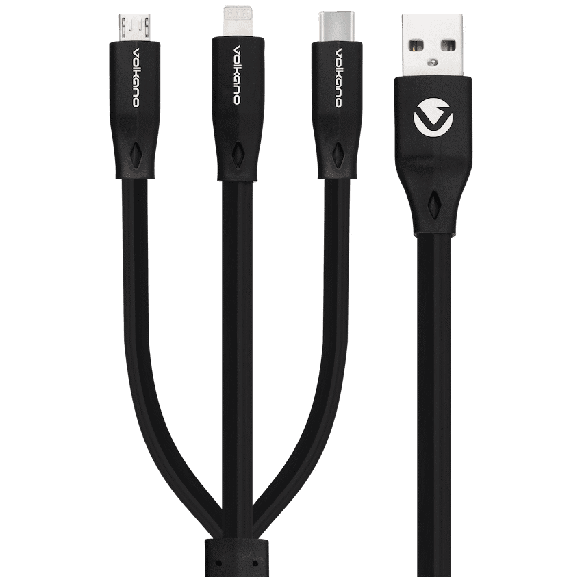 Volkano Slim Series Flat PVC 3-in-1 (Type-C / Lightning / Micro) Cable 1m - Black
