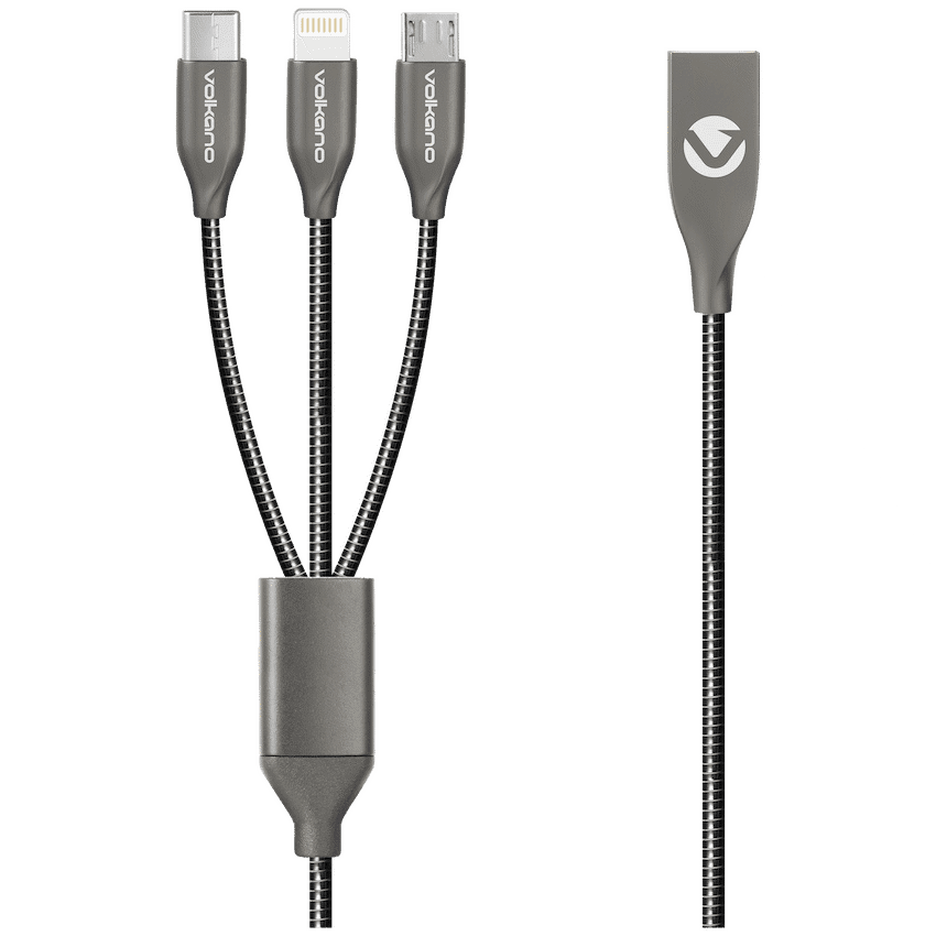 Volkano Iron Series Round Metallic Spring 3-in-1 (Type-C/Lightning/Micro) Cable 1m - Black