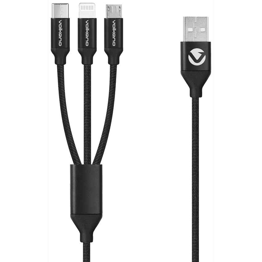 Volkano Weave Series Fabric Braided 3-in-1 (Type-C/Lightning/Micro) Cable 1m - Black