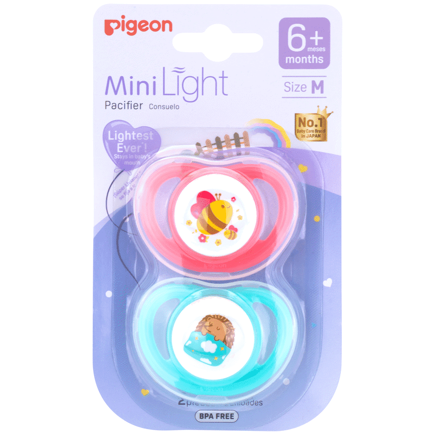 Pigeon - Minilight Pacifier (2 Pc) M Bee/Hedgehog