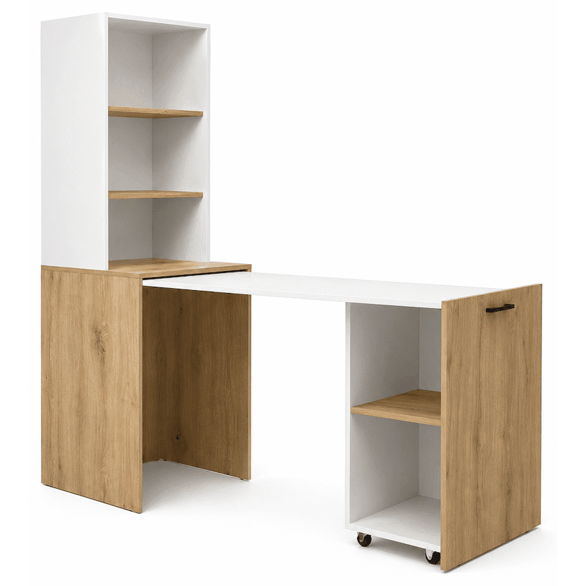 Everfurn Adaptive Desk with Bookshelf - White and Light Oak