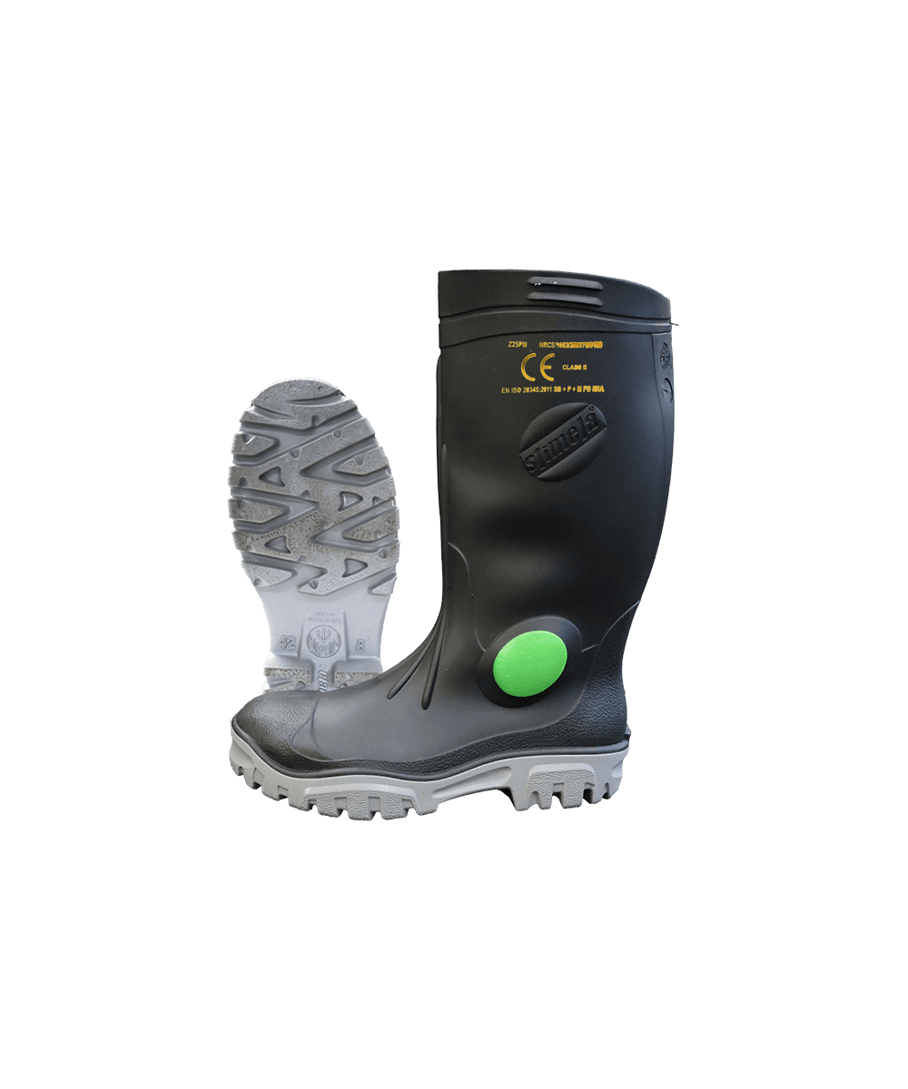 Heavy duty gumboot steel toe cap- steel mid sole - green dot- black/grey