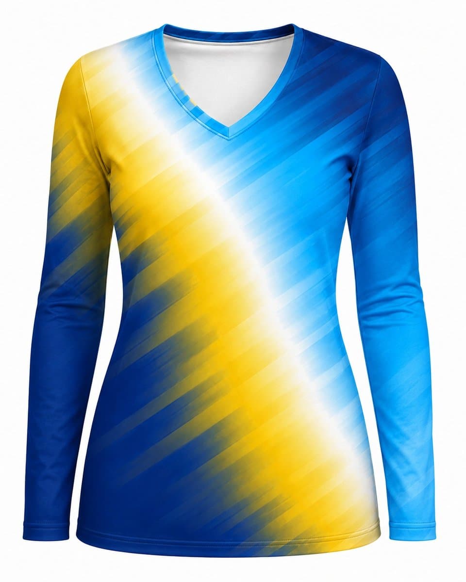Dye Sub Ladies V-Neck T-shirt, Fitted Long Sleeve, Drop Needle